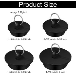 4 Pieces Tub Stopper Set Rubber Sink Stopper Drain Plug with Hanging Ring for Bathtub, Kitchen and Bathroom, Black (1-1/8, 1-3/8,1-5/8, 1-7/8'')