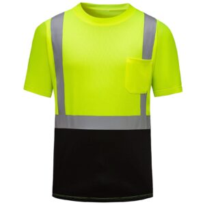 dpsafety high visibility shirts quick dry safety t shirts with reflective strips and pocket short sleeve mesh hi vis construction work class 2 shirt for men/women black bottom lime,medium