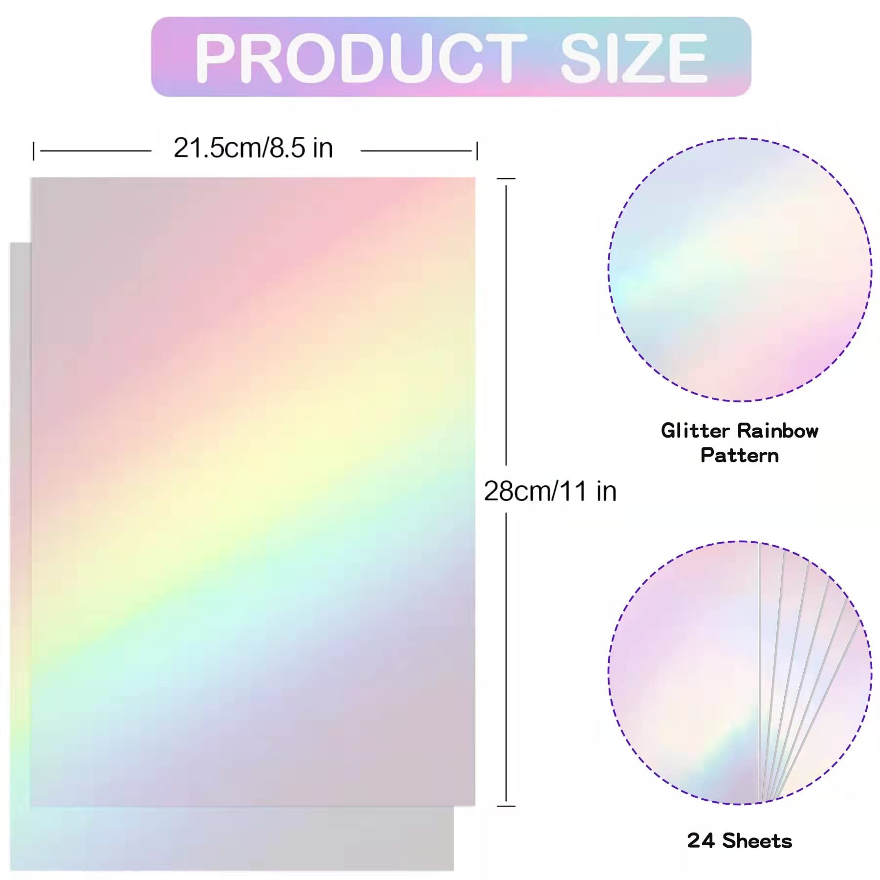 Holographic Sticker Paper, 24 Sheets Transparent Holographic Laminate Vinyl Sheets, Clear Overlay Lamination Sticker Film Self Adhesive Waterproof with Rainbow Patterns - 8.5 x 11 Inch (Laser Style)