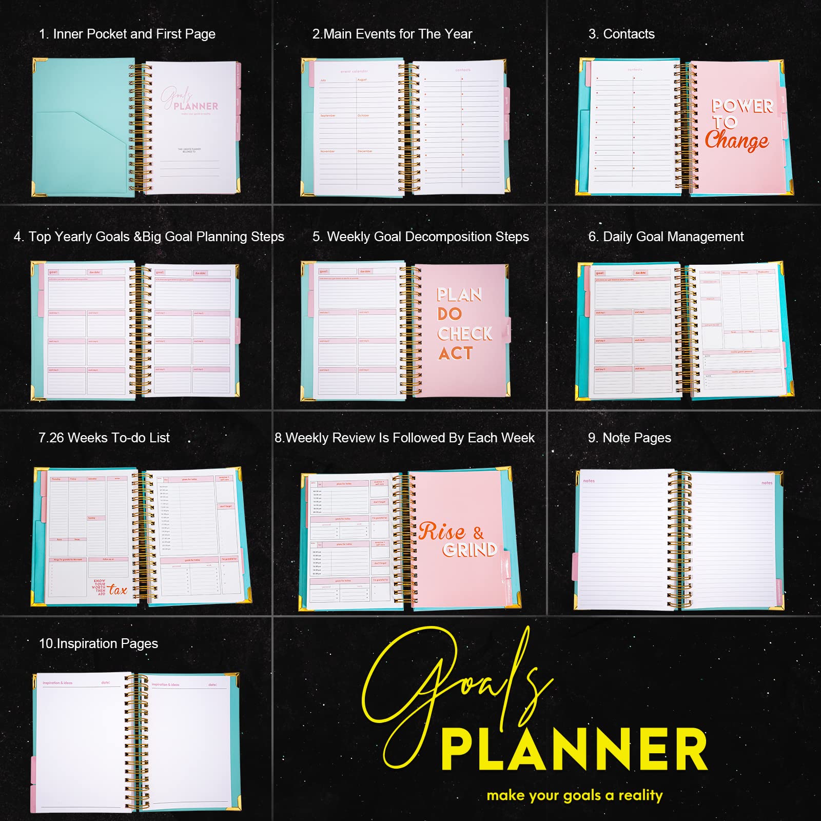 A5 Undated Daily Weekly Monthly Diary Journal Planner Agenda Notebook-Make Your Goals a Reality -Gratitude & Goals 6 Month Hardcover Spiral Bound Journal