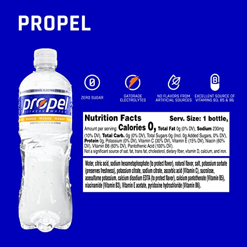 Propel, Mango, Zero Calorie Water Beverage with Electrolytes & Vitamins C&E, 16.9 Fl Oz (Pack of 12)