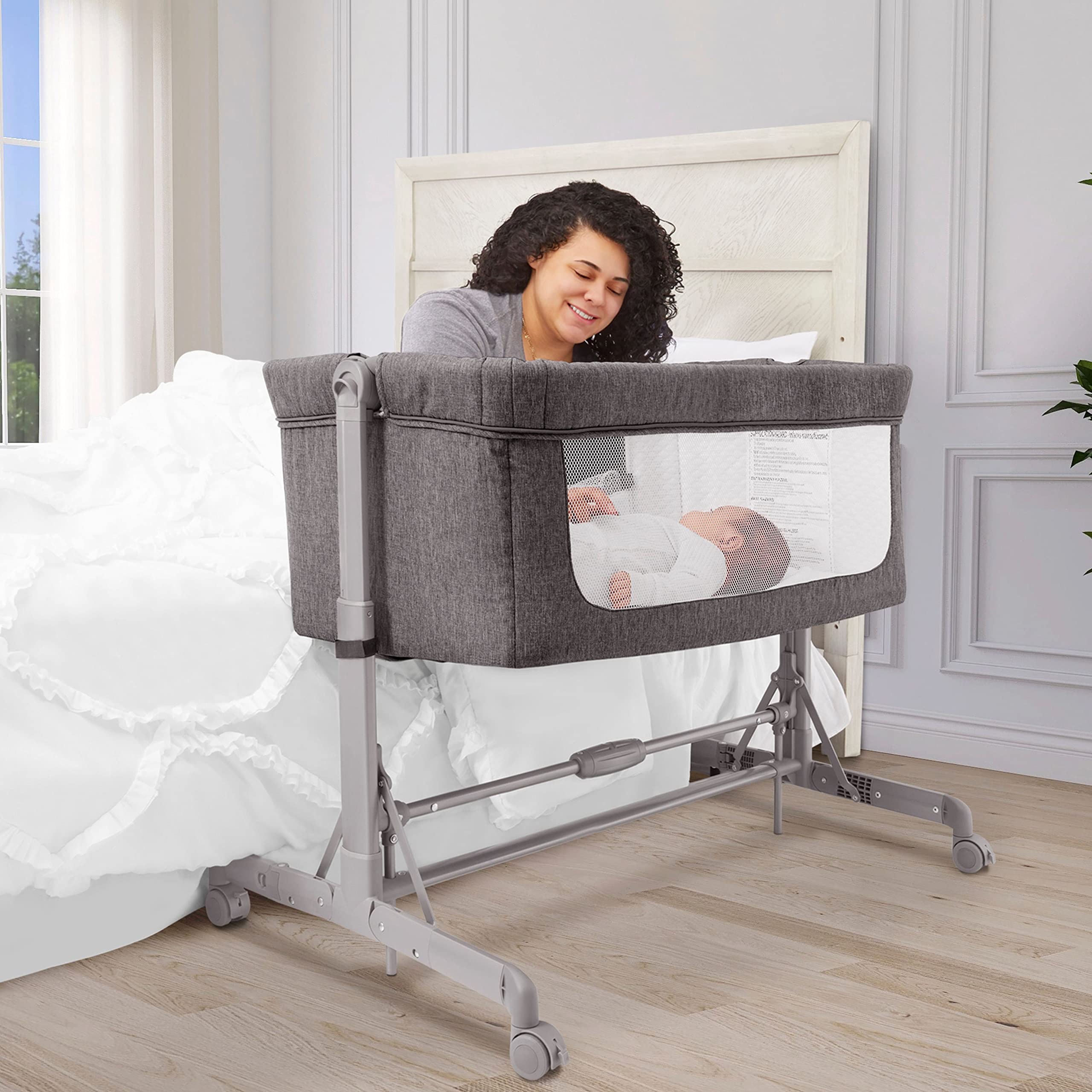 Dream On Me Zimal Bassinet and Bedside Sleeper in Dark Grey, Lightweight and Portable Baby Bassinet, Breathable Mesh Panels, Easy to Fold and Carry Travel Bassinet, JPMA Certified