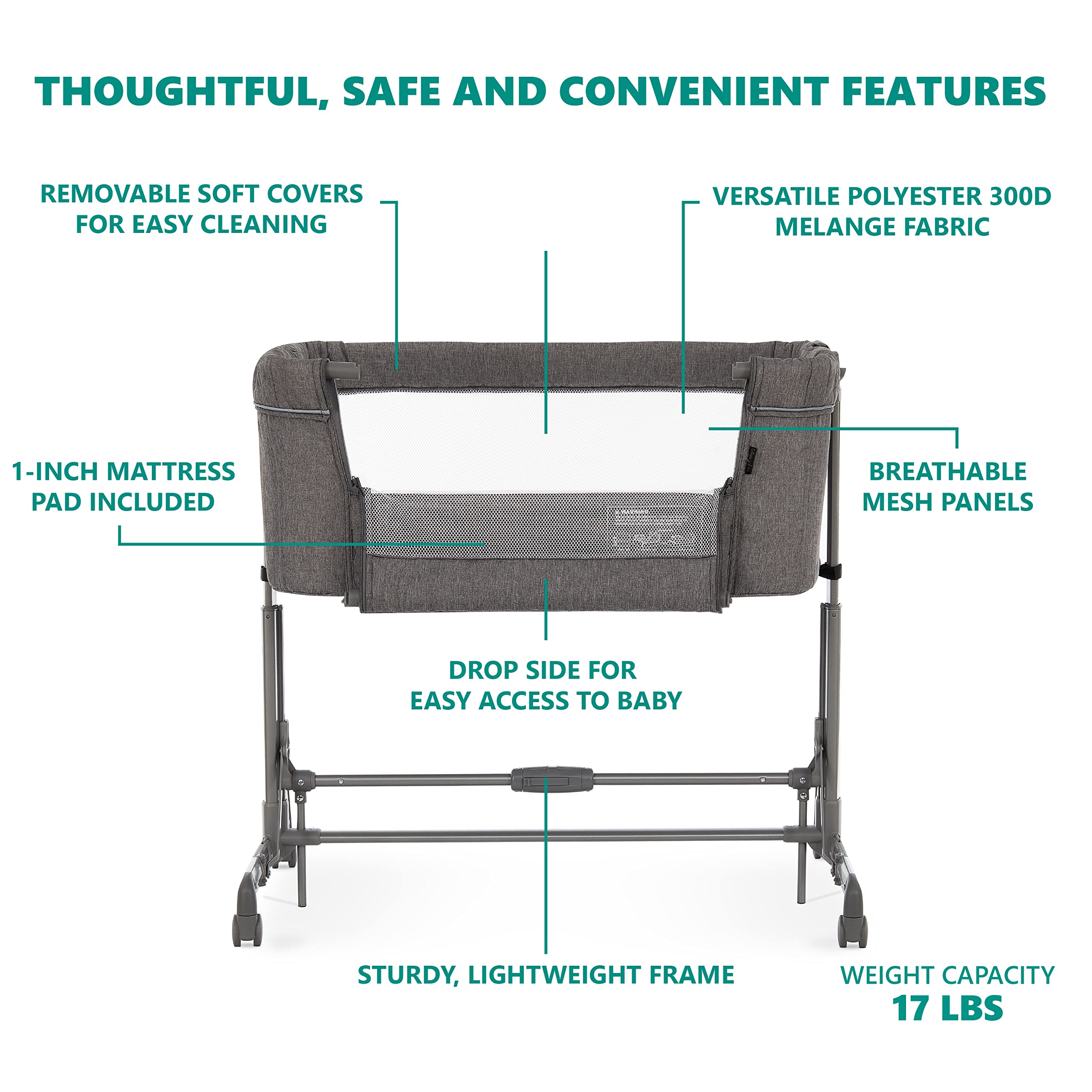 Dream On Me Zimal Bassinet and Bedside Sleeper in Dark Grey, Lightweight and Portable Baby Bassinet, Breathable Mesh Panels, Easy to Fold and Carry Travel Bassinet, JPMA Certified