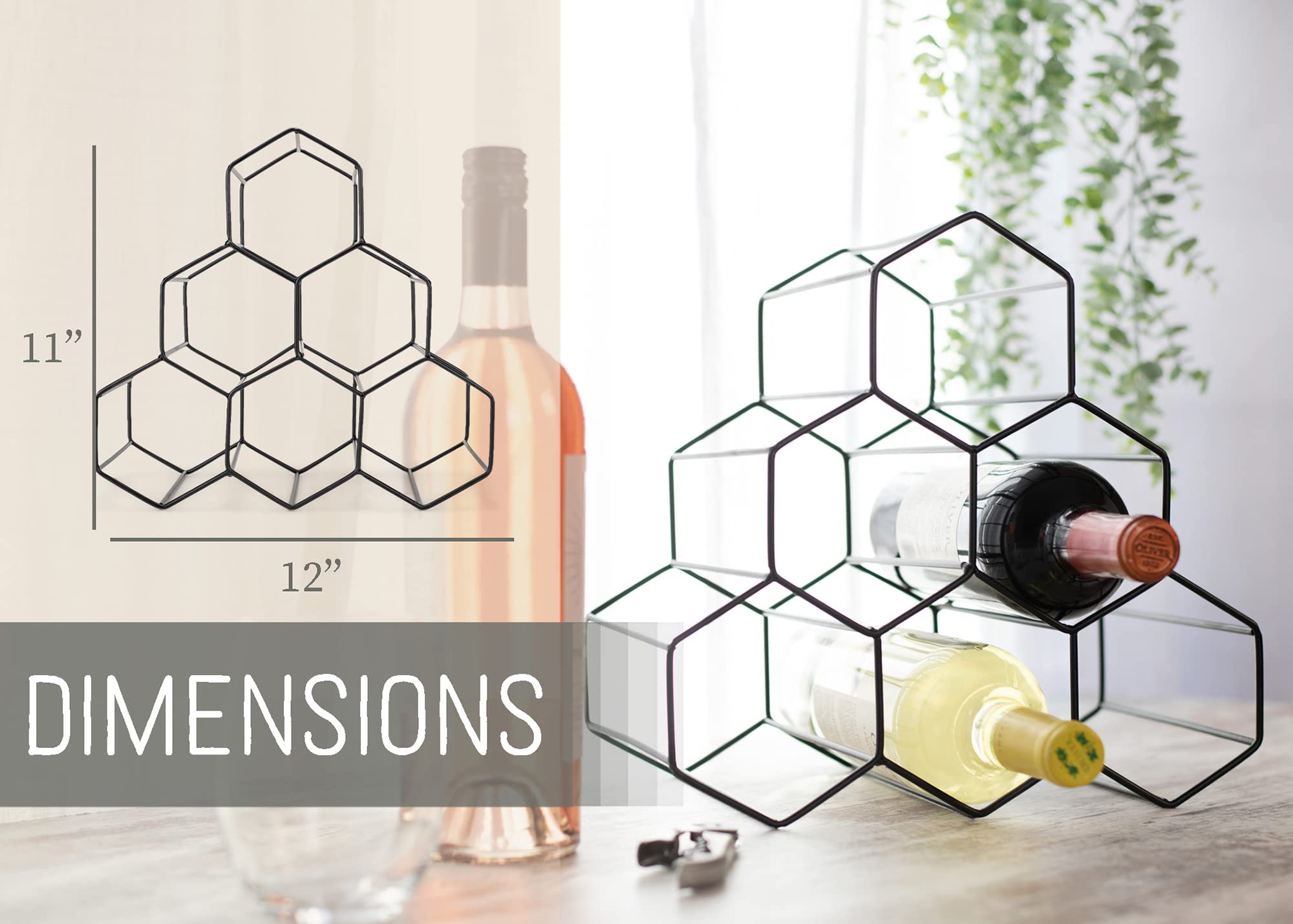 NAT & Jules Honeycomb Black Iron Metal Tabletop Wine Rack - Perfect for Kitchen Countertop, Pantry or Cabinets Display or Storage - Hold 6 Bottles, Black