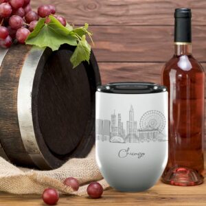 Chicago Illinois Gifts and Souvenirs - 12 Oz Insulated Wine Tumbler with Lid - Chicago College Graduation Gifts - Unique Drinkware - USA Long Distance Gifts for Her