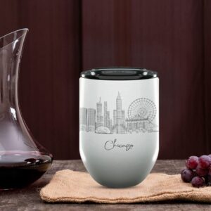 Chicago Illinois Gifts and Souvenirs - 12 Oz Insulated Wine Tumbler with Lid - Chicago College Graduation Gifts - Unique Drinkware - USA Long Distance Gifts for Her