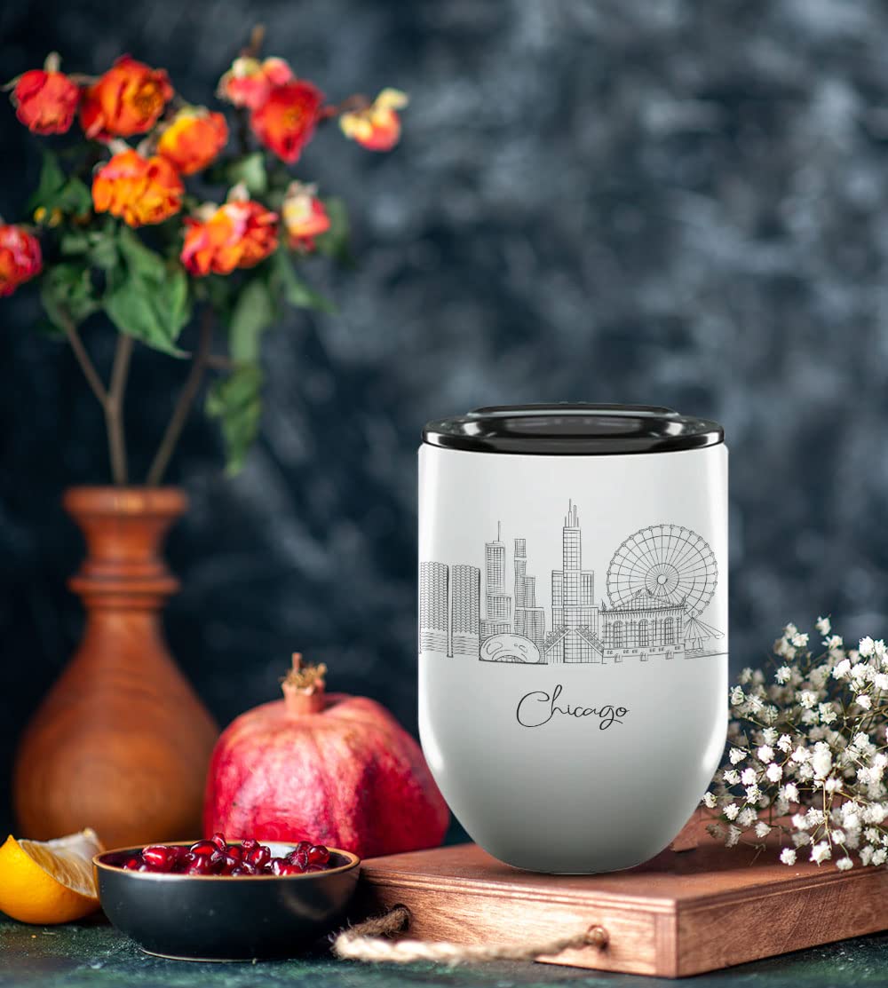 Chicago Illinois Gifts and Souvenirs - 12 Oz Insulated Wine Tumbler with Lid - Chicago College Graduation Gifts - Unique Drinkware - USA Long Distance Gifts for Her