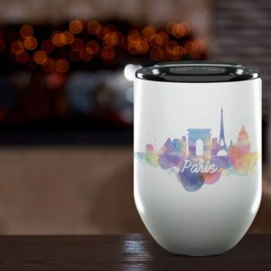 Paris France Gifts and Souvenirs - 12 Oz Insulated Wine Tumbler with Lid - Paris College Graduation Gifts - Unique Drinkware - Europe Long Distance Gifts for Her & Homesick Student Gifts