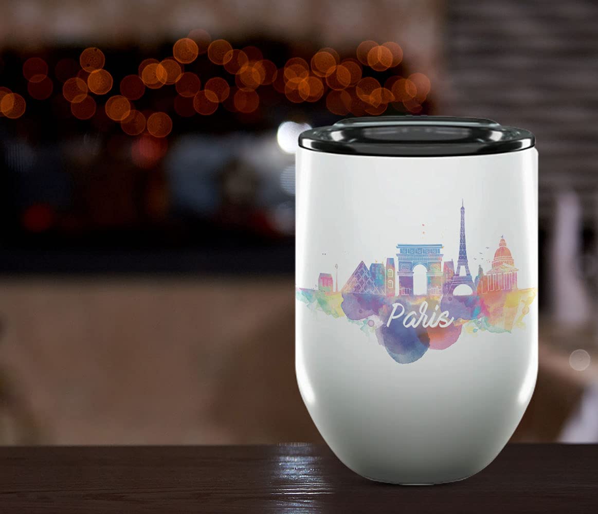 Paris France Gifts and Souvenirs - 12 Oz Insulated Wine Tumbler with Lid - Paris College Graduation Gifts - Unique Drinkware - Europe Long Distance Gifts for Her & Homesick Student Gifts