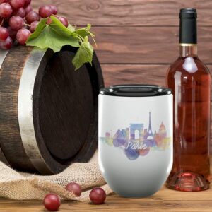 Paris France Gifts and Souvenirs - 12 Oz Insulated Wine Tumbler with Lid - Paris College Graduation Gifts - Unique Drinkware - Europe Long Distance Gifts for Her & Homesick Student Gifts