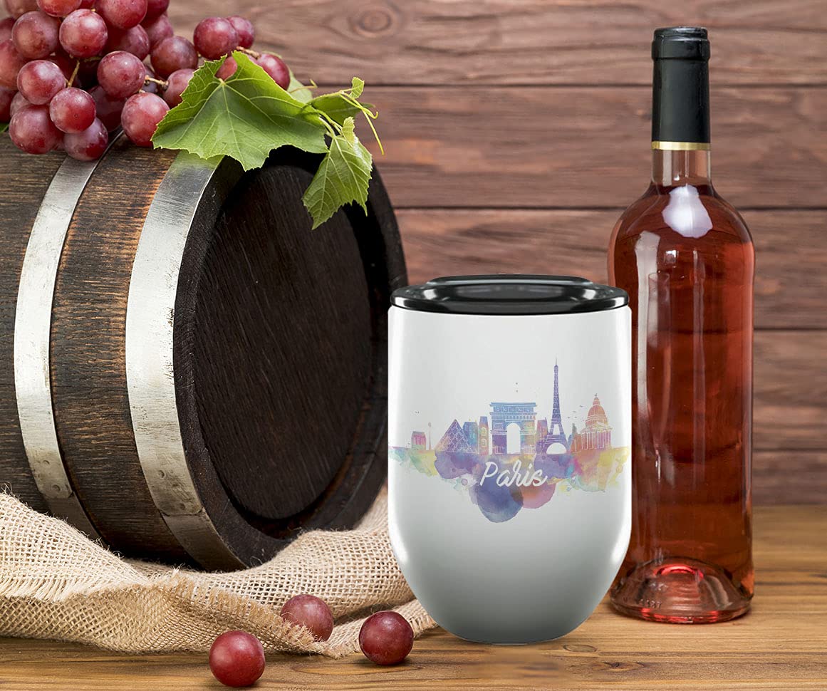 Paris France Gifts and Souvenirs - 12 Oz Insulated Wine Tumbler with Lid - Paris College Graduation Gifts - Unique Drinkware - Europe Long Distance Gifts for Her & Homesick Student Gifts