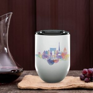 Paris France Gifts and Souvenirs - 12 Oz Insulated Wine Tumbler with Lid - Paris College Graduation Gifts - Unique Drinkware - Europe Long Distance Gifts for Her & Homesick Student Gifts