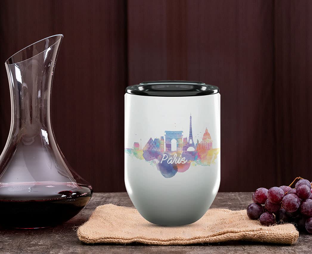 Paris France Gifts and Souvenirs - 12 Oz Insulated Wine Tumbler with Lid - Paris College Graduation Gifts - Unique Drinkware - Europe Long Distance Gifts for Her & Homesick Student Gifts