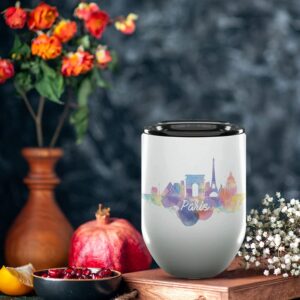 Paris France Gifts and Souvenirs - 12 Oz Insulated Wine Tumbler with Lid - Paris College Graduation Gifts - Unique Drinkware - Europe Long Distance Gifts for Her & Homesick Student Gifts