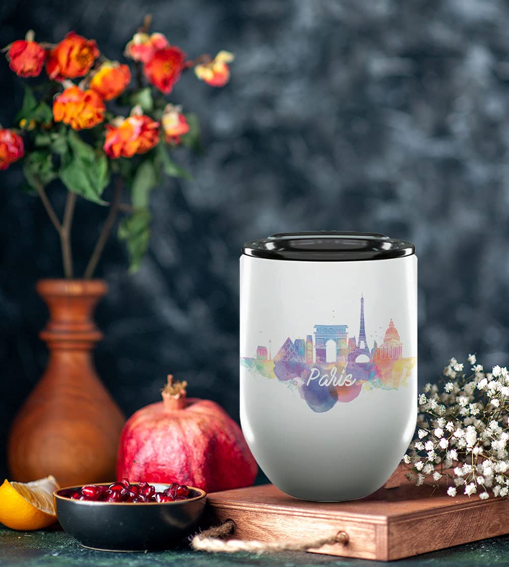 Paris France Gifts and Souvenirs - 12 Oz Insulated Wine Tumbler with Lid - Paris College Graduation Gifts - Unique Drinkware - Europe Long Distance Gifts for Her & Homesick Student Gifts