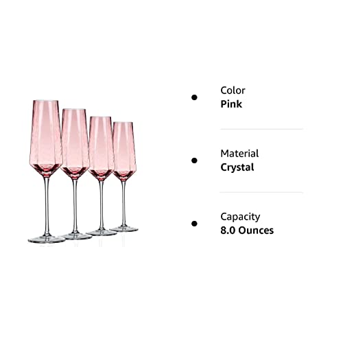 ziixon Crystal Champagne Flutes 8Oz Pink Wedding Champagne Glasses Classy Champagne Flutes Elegant Flutes Set of 4 for Wedding Anniversary Christmas (Pink)