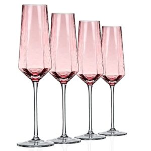 ziixon crystal champagne flutes 8oz pink wedding champagne glasses classy champagne flutes elegant flutes set of 4 for wedding anniversary christmas (pink)