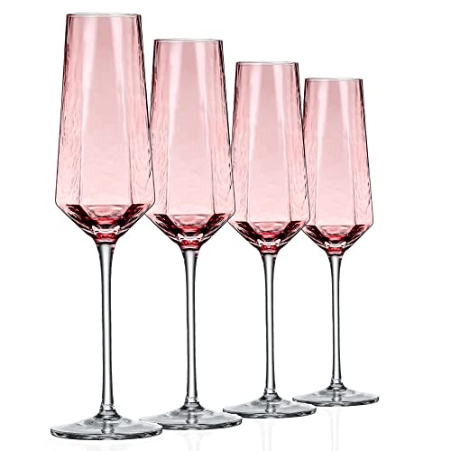 ziixon Crystal Champagne Flutes 8Oz Pink Wedding Champagne Glasses Classy Champagne Flutes Elegant Flutes Set of 4 for Wedding Anniversary Christmas (Pink)