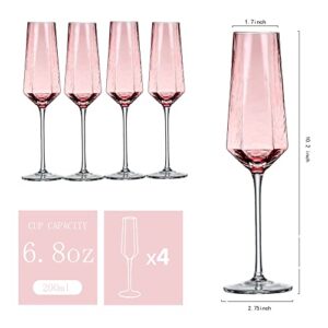 ziixon Crystal Champagne Flutes 8Oz Pink Wedding Champagne Glasses Classy Champagne Flutes Elegant Flutes Set of 4 for Wedding Anniversary Christmas (Pink)