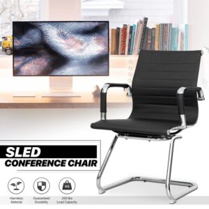 MoNiBloom Office Guest Chair Without Wheels PU Leather Mid-Back Sled Base Chairs for Reception Desk Waiting Meeting Conference Room, Black