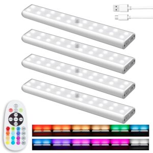 under cabinet lights wireless, dimmable 48 led closet lights rechargeable, under counter lighting with remote, 15 color changing night light rgb bar for home shelf kitchen pantry stair, 4 pack