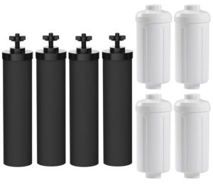 water filter replacement part for filter system, 4 black elements and 4 white fluoride filter, 8 pack combo replacement for gravityy water filter system