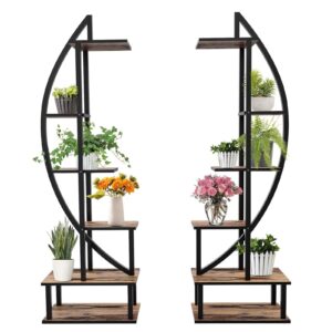elevens 6 tier metal plant stand, muti-purpose ladder plant shelf indoor 12 potted half moon shape plant stands for balcony, patio, garden and home decoration pack of 2 (oak)