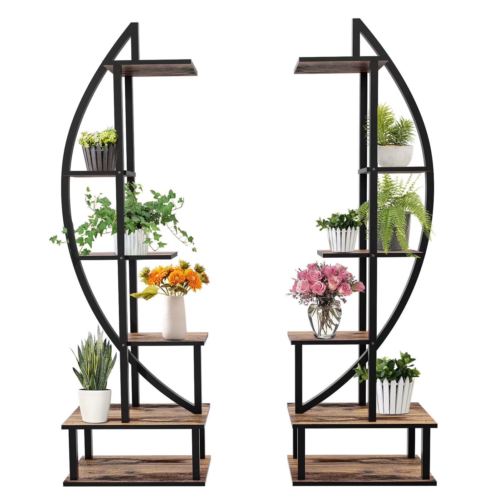 Elevens 6 Tier Metal Plant Stand, Muti-Purpose Ladder Plant Shelf Indoor 12 Potted Half Moon Shape Plant Stands for Balcony, Patio, Garden and Home Decoration Pack of 2 (Oak)