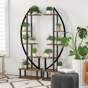 Elevens 6 Tier Metal Plant Stand, Muti-Purpose Ladder Plant Shelf Indoor 12 Potted Half Moon Shape Plant Stands for Balcony, Patio, Garden and Home Decoration Pack of 2 (Oak)