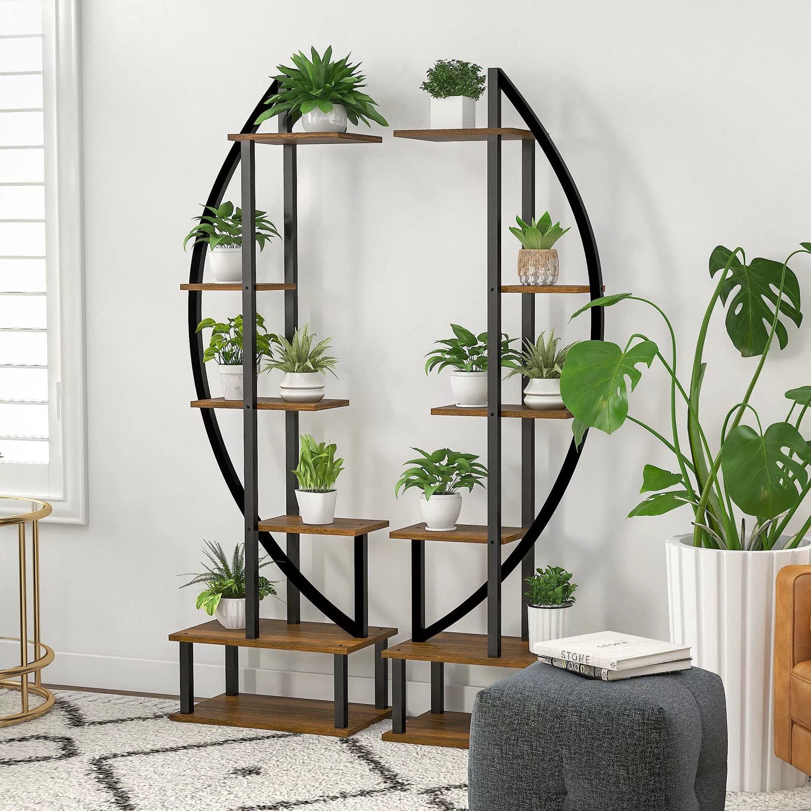 Elevens 6 Tier Metal Plant Stand, Muti-Purpose Ladder Plant Shelf Indoor 12 Potted Half Moon Shape Plant Stands for Balcony, Patio, Garden and Home Decoration Pack of 2 (Oak)