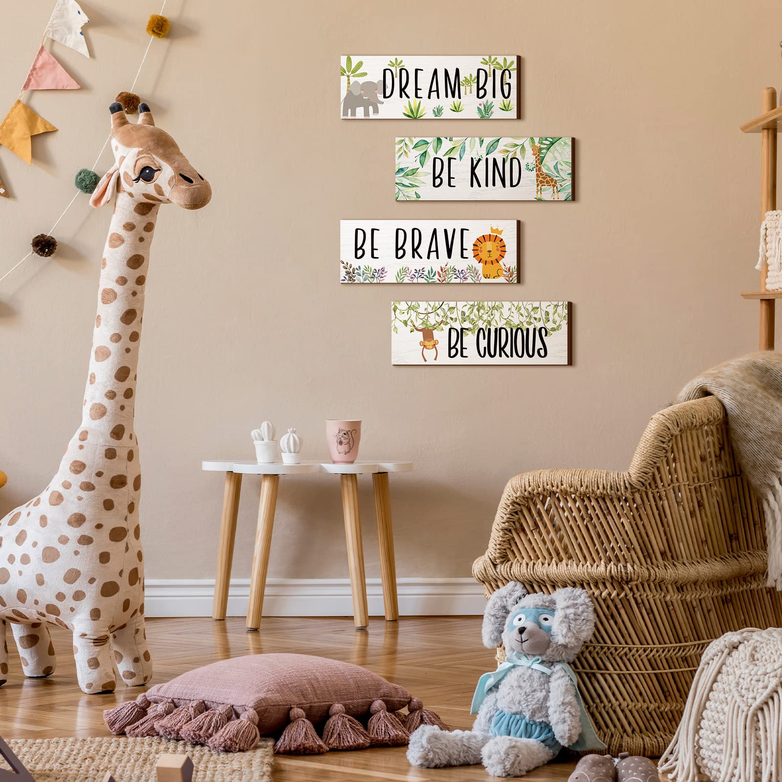 4 Pieces Woodland Nursery Decor Baby Safari Nursery Decor Kids Cute Jungle Animal Room Decor Nursery Decorations for Baby boy Bedroom Toddler Room 11x 3.9 Inches (White Background,Lively Animals)