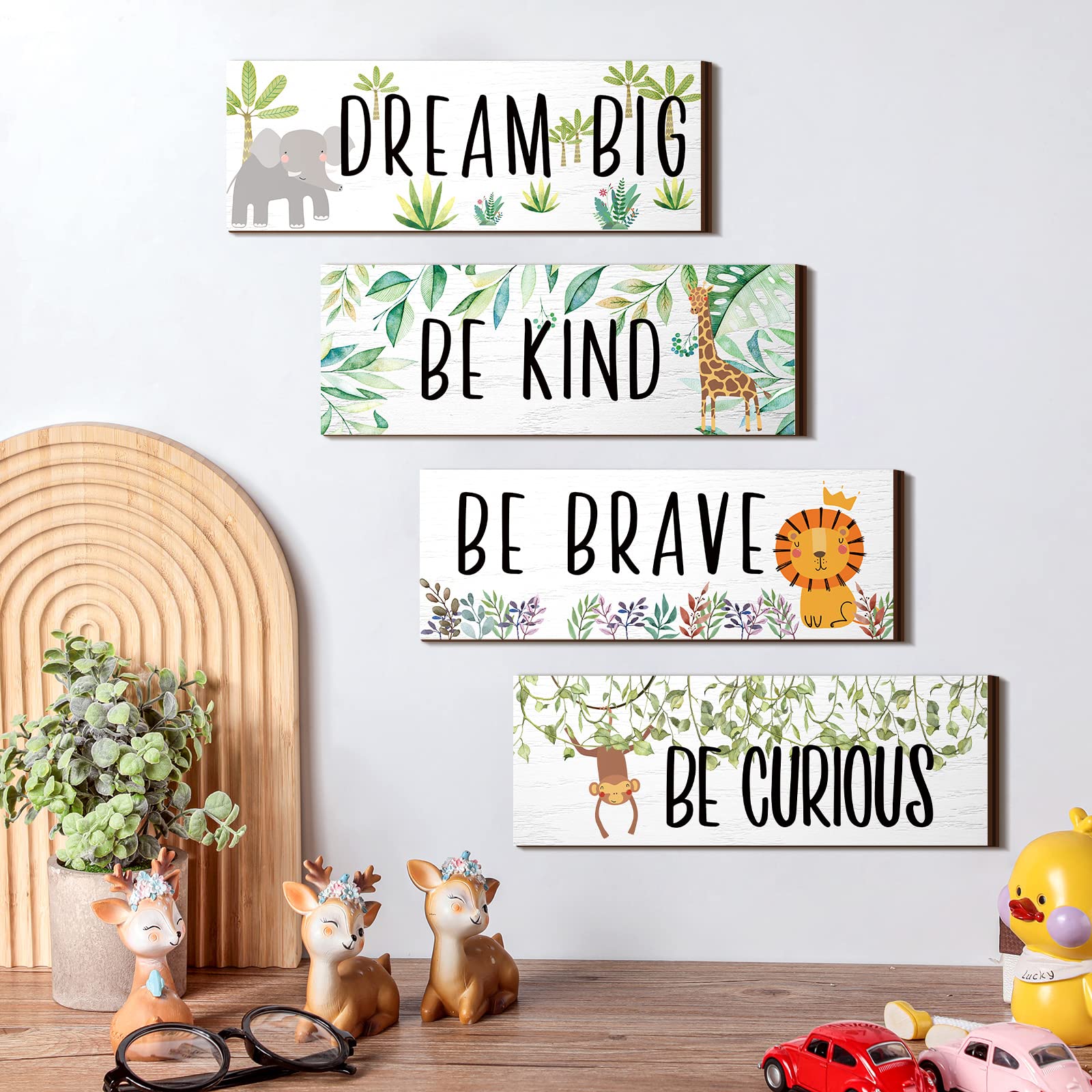 4 Pieces Woodland Nursery Decor Baby Safari Nursery Decor Kids Cute Jungle Animal Room Decor Nursery Decorations for Baby boy Bedroom Toddler Room 11x 3.9 Inches (White Background,Lively Animals)