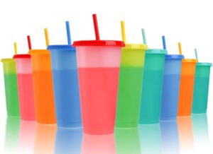 lyellfe 10 pack color changing cups, 24 oz reusable tumblers with lids and straws, plastic cold drink summer cups in multicolors, ideal for adults kids women party