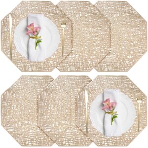 fyy placemats, placemats set of 6 for dining table, washable octagonal pvc place mats durable kitchen table mats, set of 6 gold