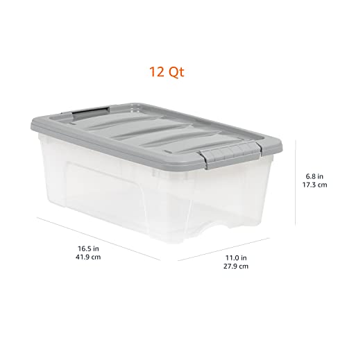 Amazon Basics 12 Quart Stackable Plastic Storage Bins with Latching Lids- Clear/ Grey- Pack of 6