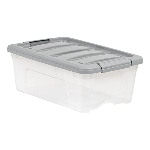 Amazon Basics 12 Quart Stackable Plastic Storage Bins with Latching Lids- Clear/ Grey- Pack of 6