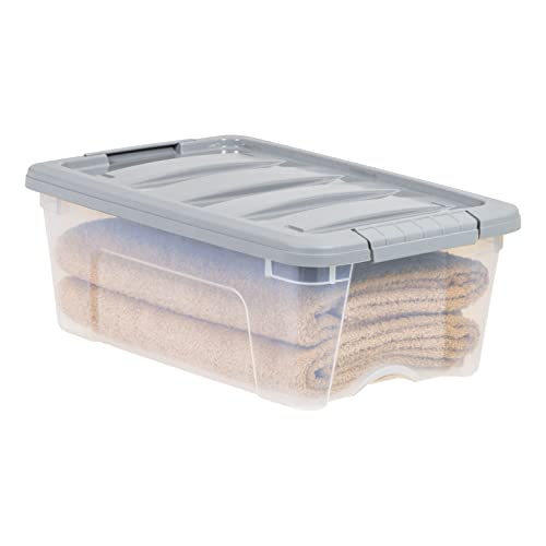 Amazon Basics 12 Quart Stackable Plastic Storage Bins with Latching Lids- Clear/ Grey- Pack of 6