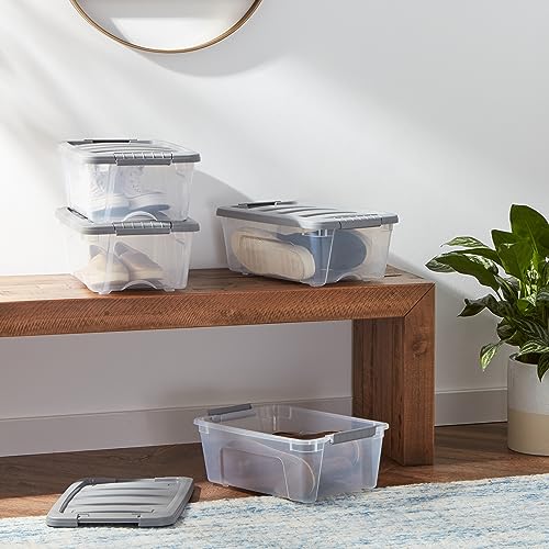 Amazon Basics 12 Quart Stackable Plastic Storage Bins with Latching Lids- Clear/ Grey- Pack of 6