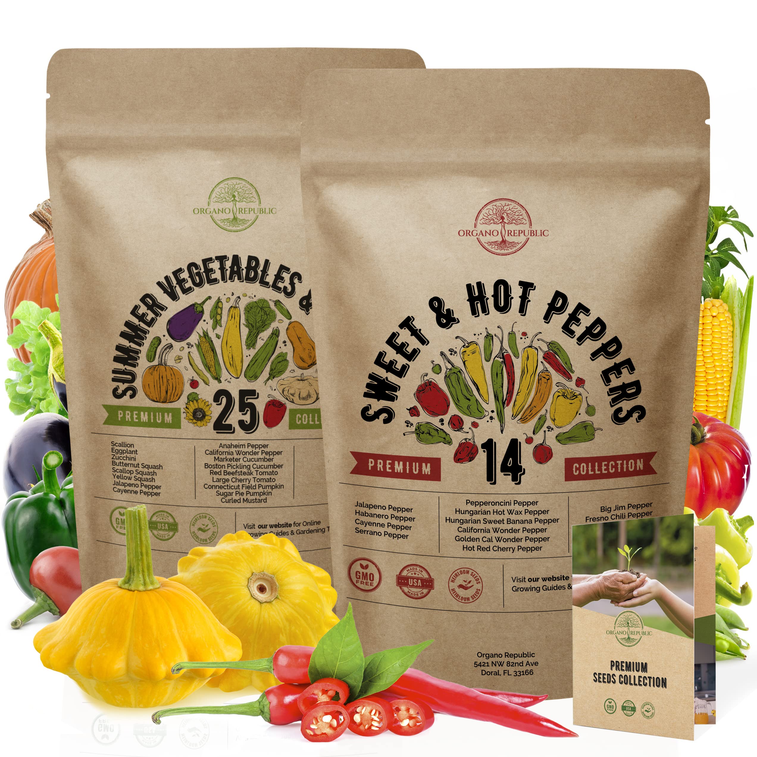 Organo Republic 25 Summer Vegetable & 14 Hot and Sweet Pepper Seeds Variety Packs Non-GMO Heirloom Seeds for Indoor and Outdoor. Over 3200 Seeds.