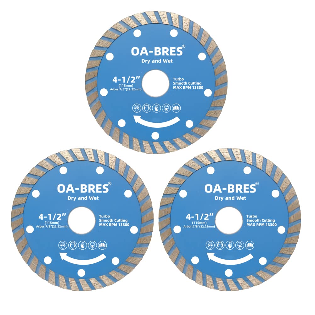 OA-BRES 4-1/2 inch Diamond Blade, Turbo Diamond Cutting Wheel for Angle Grinder, Dry and Wet Smooth Cutting for Tile Concrete Stone Masonry Brick Block, Arbor 7/8", 7/8"-5/8"and 7/8"-20mm Bushing