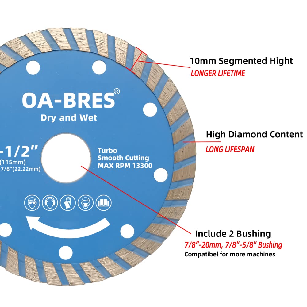 OA-BRES 4-1/2 inch Diamond Blade, Turbo Diamond Cutting Wheel for Angle Grinder, Dry and Wet Smooth Cutting for Tile Concrete Stone Masonry Brick Block, Arbor 7/8", 7/8"-5/8"and 7/8"-20mm Bushing