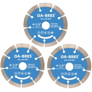 oa-bres 4-1/2 inch diamond blade, segmented diamond cutting wheel for angle grinder, dry and wet fast cutting for concrete stone masonry brick block, arbor 7/8", 7/8"-5/8"and 7/8"-20mm bushing include ( 3-pack)