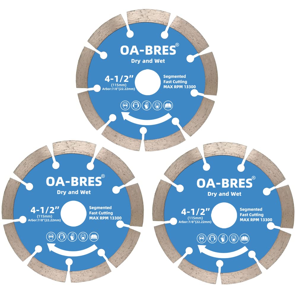 OA-BRES 4-1/2 Inch Diamond Blade, Segmented Diamond Cutting Wheel for Angle Grinder, Dry and Wet Fast Cutting for Concrete Stone Masonry Brick Block, Arbor 7/8", 7/8"-5/8"and 7/8"-20mm Bushing Include ( 3-Pack)