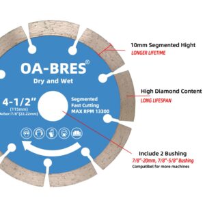 OA-BRES 4-1/2 Inch Diamond Blade, Segmented Diamond Cutting Wheel for Angle Grinder, Dry and Wet Fast Cutting for Concrete Stone Masonry Brick Block, Arbor 7/8", 7/8"-5/8"and 7/8"-20mm Bushing Include ( 3-Pack)