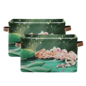 Mermaid Rectangular Storage Basket Storage Bin Collapsible Storage Box with Leather Handles Storage Hamper Organizer for Cars