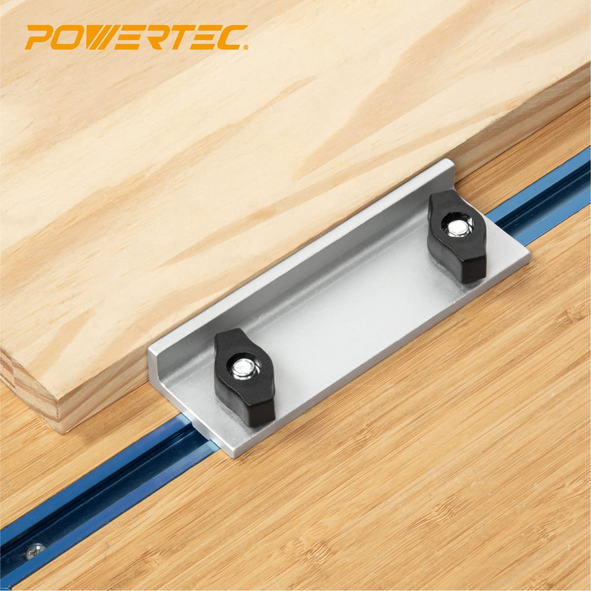 POWERTEC 71696 4-59/64" Universal Long Stop Kit, T Track Stop Block for T-Track Woodworking, Sanding, and Routing, 2PK