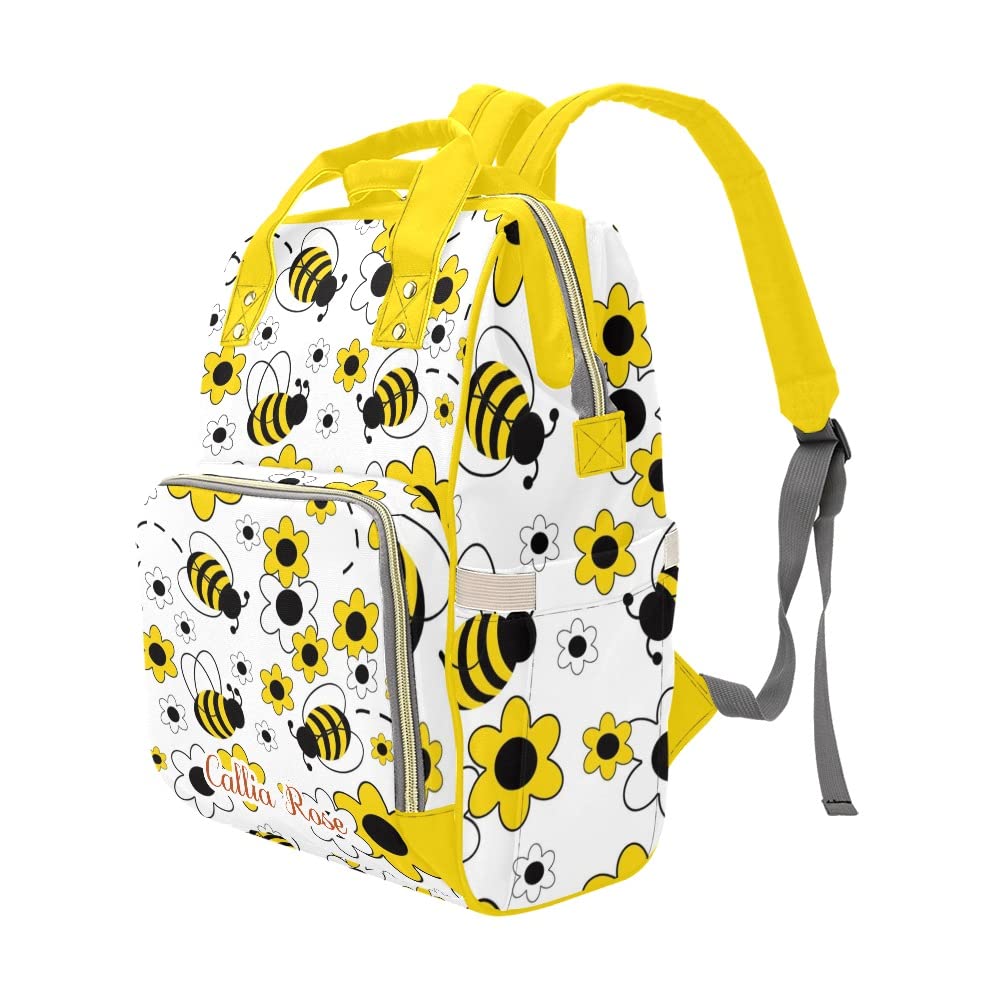 Grandkli Honey Bumble Bee Floral Personalized Diaper Bag Backpack with Name,Custom Tote Bag Travel DayPack for Nappy Mommy Baby Boy Girl, One Size