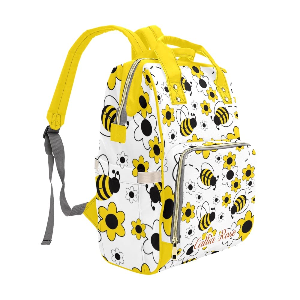 Grandkli Honey Bumble Bee Floral Personalized Diaper Bag Backpack with Name,Custom Tote Bag Travel DayPack for Nappy Mommy Baby Boy Girl, One Size