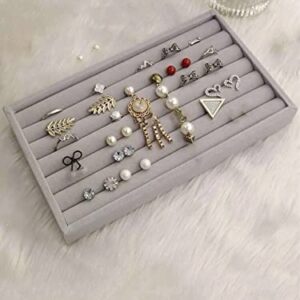7 Slots Luxury Ring Display Case Jewelry Tray Organizer 8.26 x 5.11 inch / 21x13cm Stackable Storage Case Box Coated with Grey Velvet Rings Holder Protection