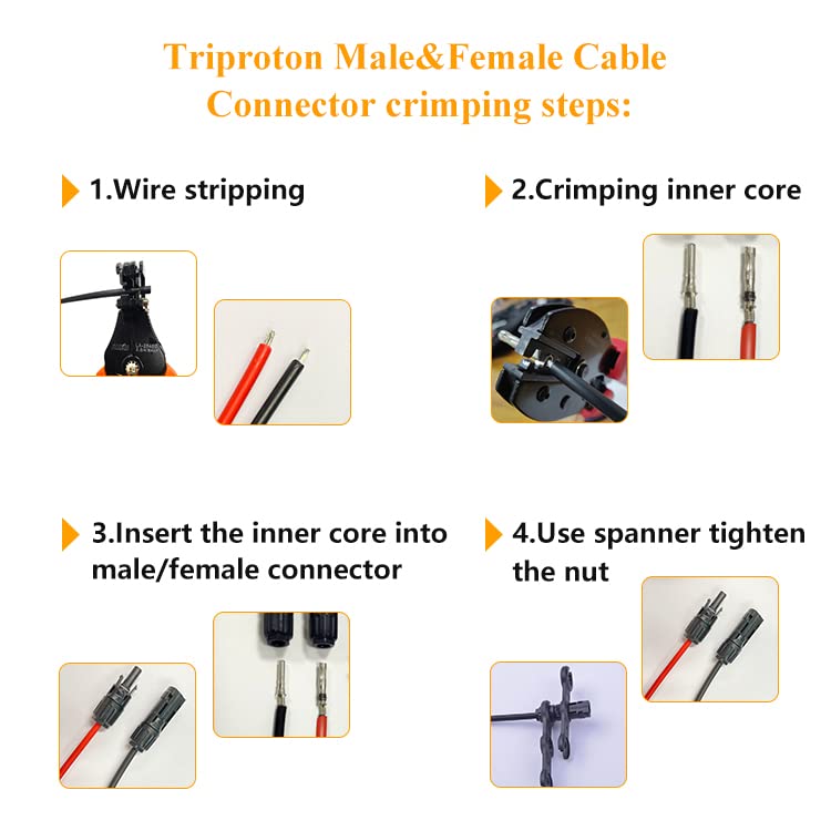 Triproton Solar Cable Connector, IP68 Waterproof, 1500V Tinned Copper Pins, for Solar System, Black 5 Pairs,with 2 Special Spanners (for 14-10 awg Cable)